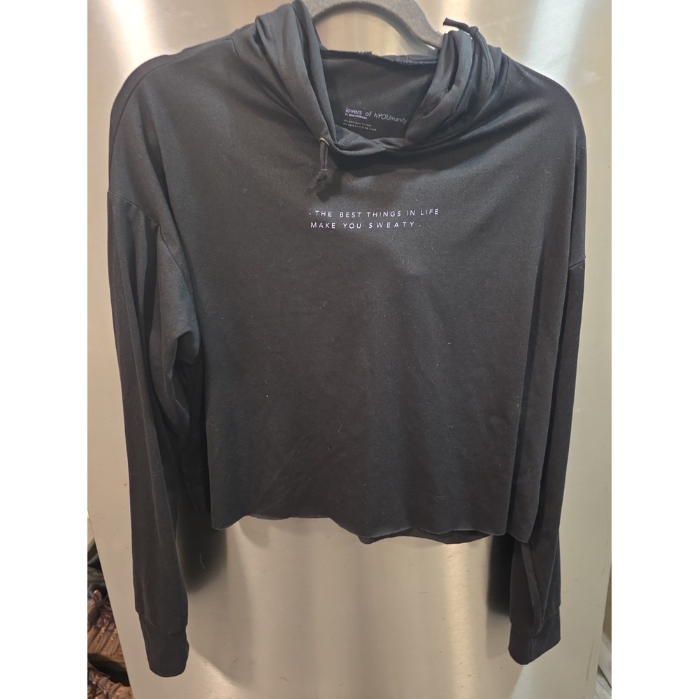 Lovers Of hYoumanity Womens M Black Hoodie Cropped Athleisure Long Slv Comfy
